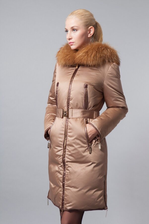bronze color fur hooded belted parka
