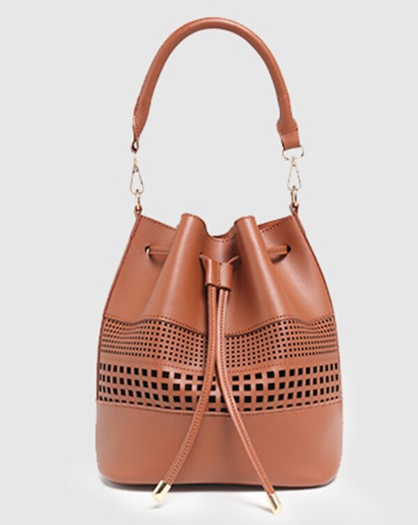 Boho Romantic Laser Cut Ruched Vegan Leather Bucket Bag 4 brown laser cut bucket bag