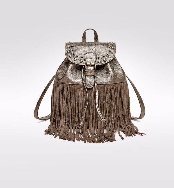 Boho Ruched Tassel Genuine Leather Backpack 8 bucket tasseled bronze leather backpack rucksack