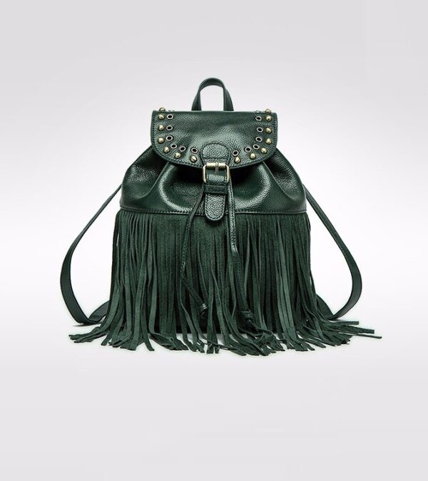 Boho Ruched Tassel Genuine Leather Backpack 6 bucket tasseled dark green leather backpack rucksack