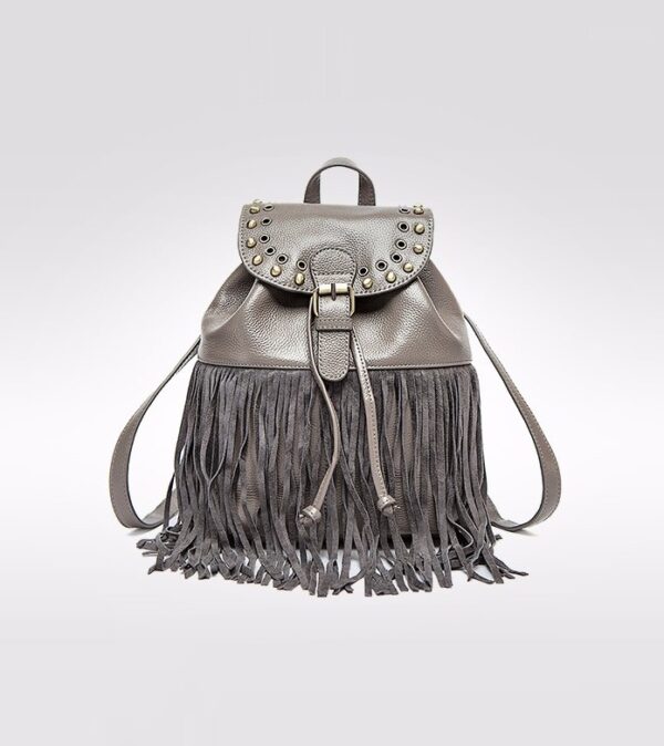 Boho Ruched Tassel Genuine Leather Backpack 7 bucket tasseled gray backpack rucksack