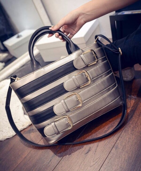 Elegant Buckle Accent Chic Clutch 1 buckle detail beige color shiny leather sleeve bag