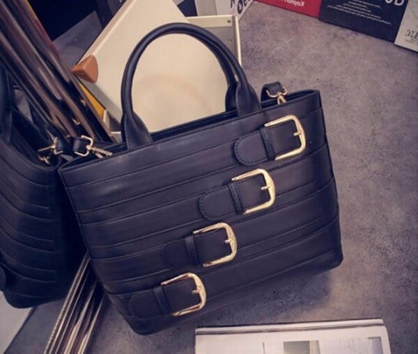 Elegant Buckle Accent Chic Clutch 4 buckle detail black color leather sleeve bag