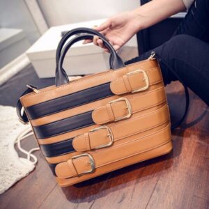 buckle detail tan color leather sleeve bag