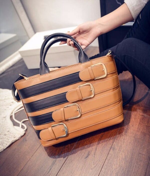 Elegant Buckle Accent Chic Clutch 2 buckle detail tan color leather sleeve bag