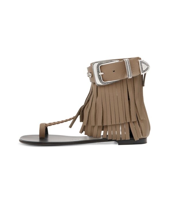 buckled tasseled khaki plain leather sandals