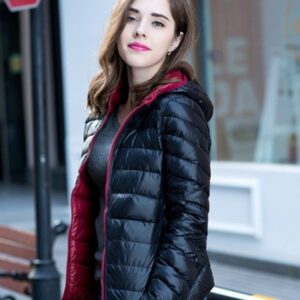 burgundy black double sided women puffer jacket