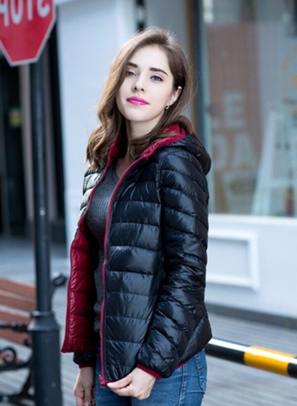 Reversible Puffer Hooded Winter Jacket 2 burgundy black double sided women puffer jacket