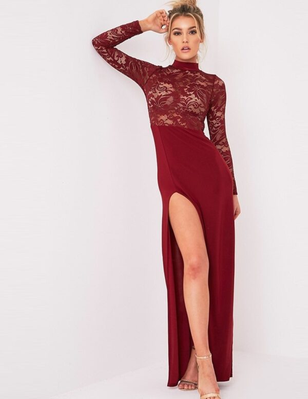 Deep Slit Glamorous Burgundy Satin Evening Dress 1 burgundy deep slit night dress