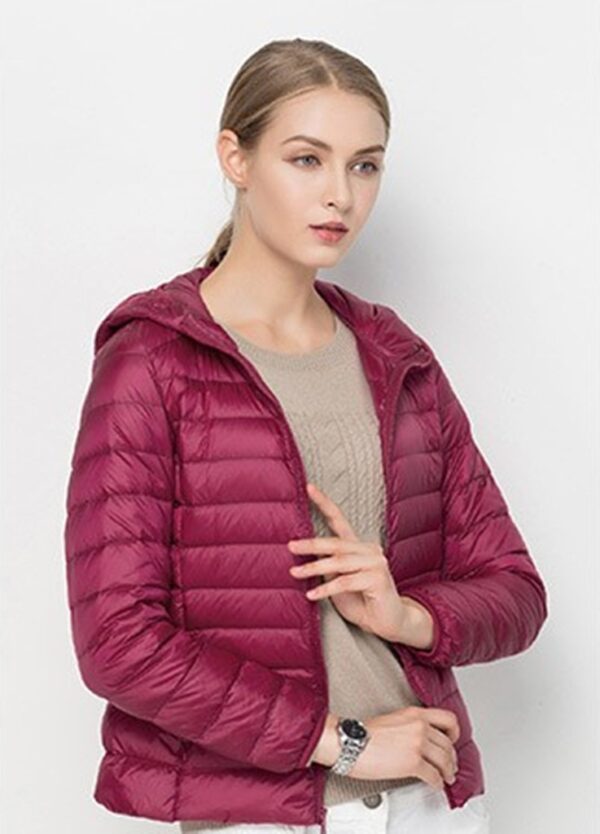 burgundy hooded short puffer jacket