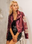 Stunning Burgundy Embroidered Vegan Leather Belted Jacket