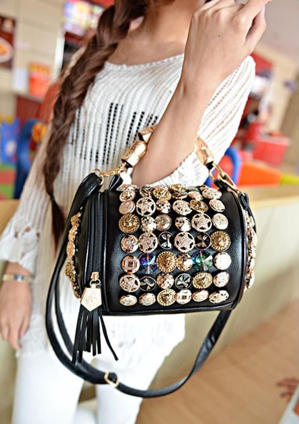 2026 Handbag Trends: Luxe Studded Leather Bags, Chain Straps, Fringe Designs & Plush Must-Haves Dominating World Fashion 90 button embellished design cylinder black hand bag