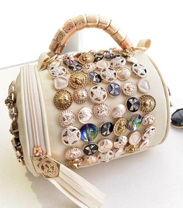 button embellished design cylinder white sleeve bag