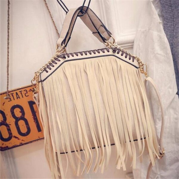Elegant Chain & Fringe Leather Shoulder Bag 4 chain detail tasseled beige leather bag