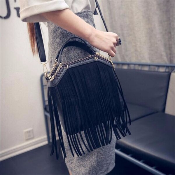 Elegant Chain & Fringe Leather Shoulder Bag 6 chain detail tasseled black leather bag