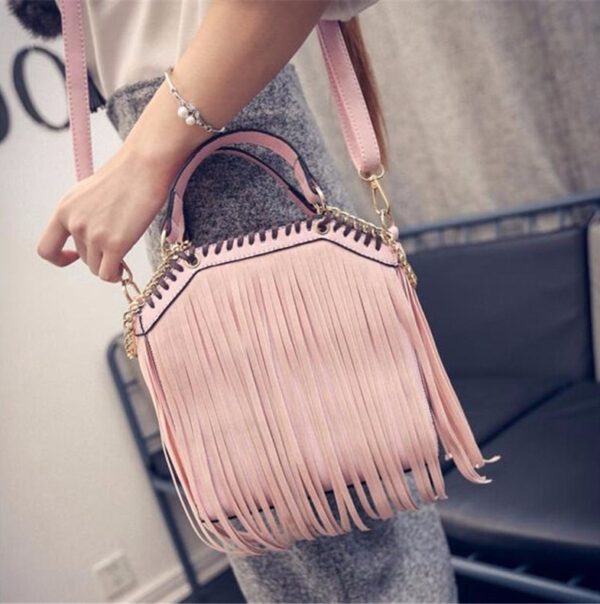 Elegant Chain & Fringe Leather Shoulder Bag 1 chain detail tasseled pink leather bag