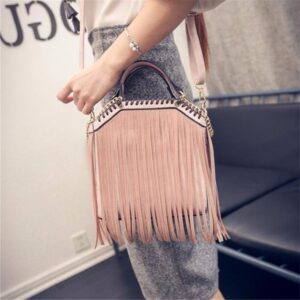 chain detail tasseled powder nude leather bag