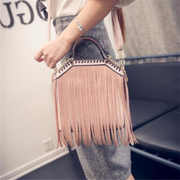Elegant Chain & Fringe Leather Shoulder Bag 2 chain detail tasseled powder nude leather bag