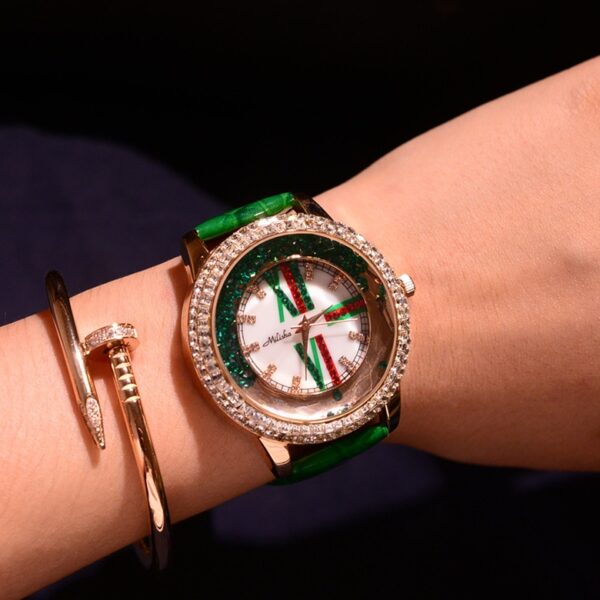 colored swarovski rhinestone leather corded green sleeve watch
