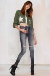 Star Detail Cropped Army Green Denim Jacket