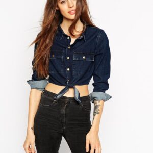 Blue Crop Top Long Sleeve Denim Shirt