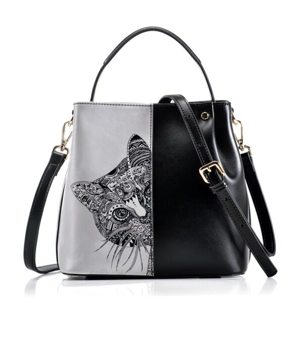 Charming Cat Motif Genuine Leather Crossbody Bag 1 custom design genuine leather black white cat bag