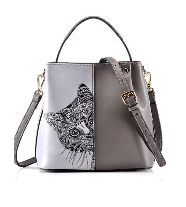 Charming Cat Motif Genuine Leather Crossbody Bag 5 custom design genuine leather gray cat bag