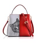 Charming Cat Motif Genuine Leather Crossbody Bag