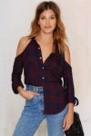 Cut-Out Shoulder Plaid Blouse