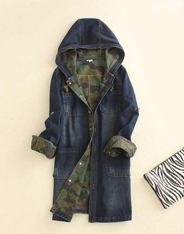 dark blue treated hooded denim jacket