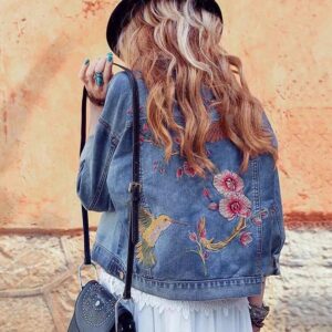 Playful Bird Flower Embroidered Denim Short Jacket
