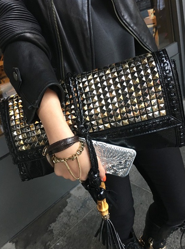 genuine women genuine leather shiny studded rivet black hand bag