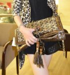 Shiny Gold Studded Fringe Leather Bag