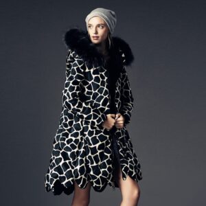 Zebra Giraffe Print Fur-Trim Parka Coat