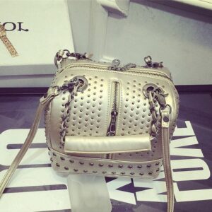Studded Double Strap Genuine Leather Shoulder Bag