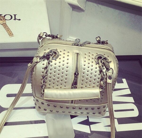 Studded Double Strap Genuine Leather Shoulder Bag 1 gold color double shoulder strappy small leather bag