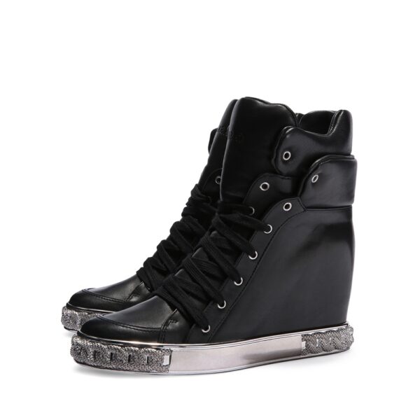 Edgy Metal Platform Hidden Heel Sneaker 4 gold color metal platform black leather sneaker