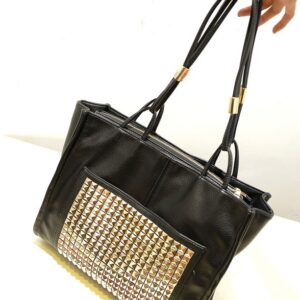 Edgy Gold Studded Black Leather Shoulder Bag