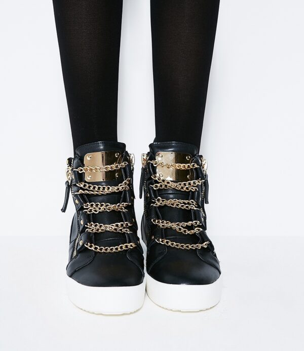 Luxury Gold Chain Genuine Leather Sneakers 1 gold color zip up chained black style sneaker