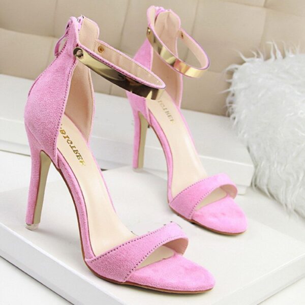 gold metal buckled pink suede women high heel