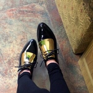 gold metal detail lace up black oxford