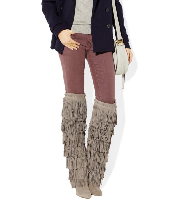 gray knee high tasseled suede boot