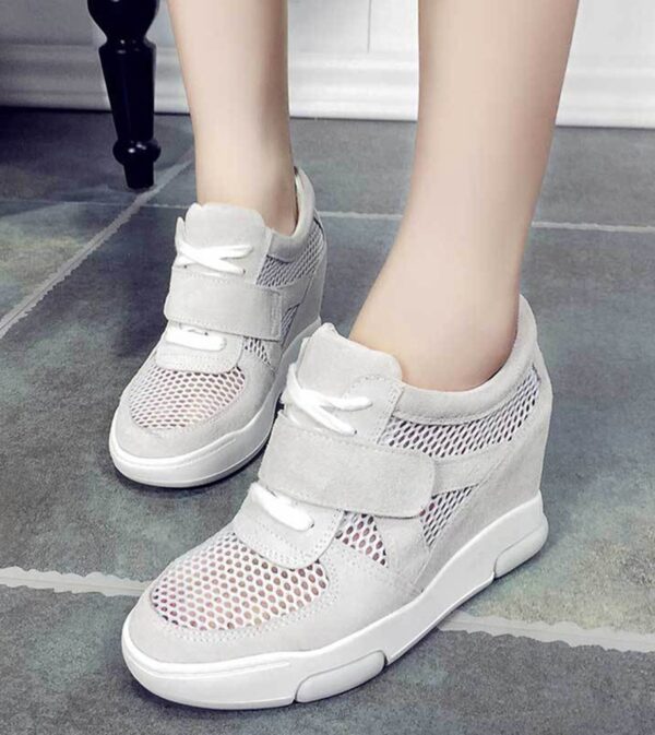 Breathable Mesh Hidden Heel Vegan Suede Sneakers 4 gray mesh detail women hidden increasing height heel shoes