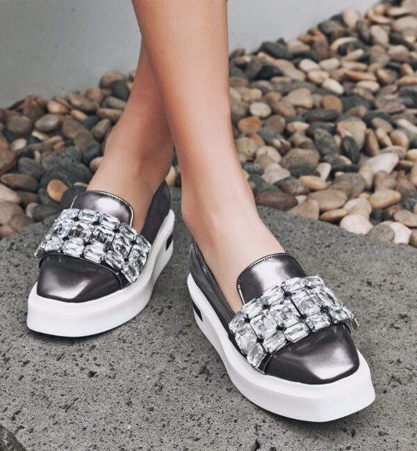 gray rhinestone platform heel loafer