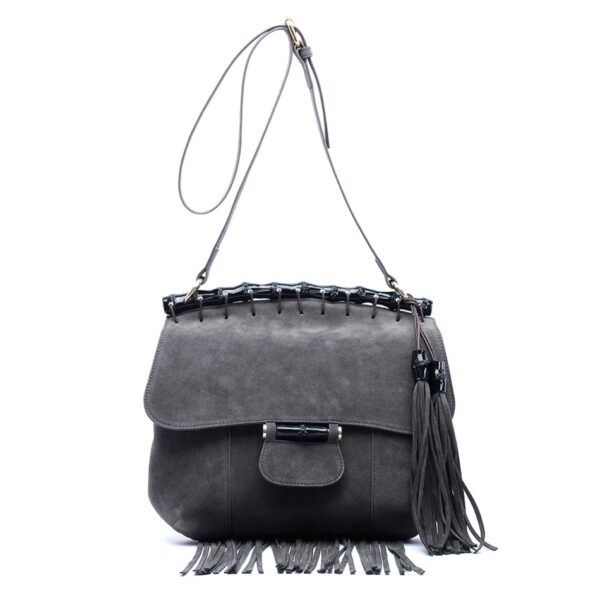 gray tasseled suede small shoulder bag