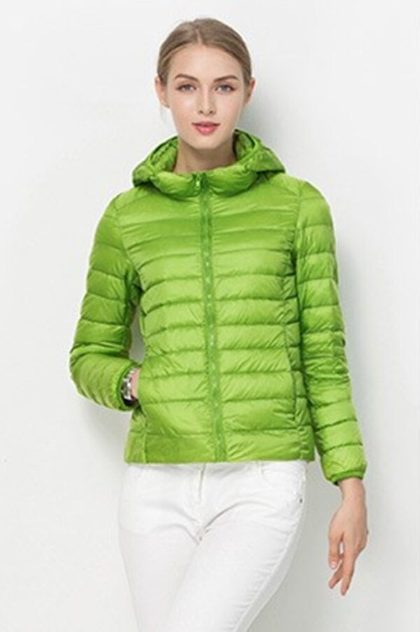 green hooded short puffer jacket