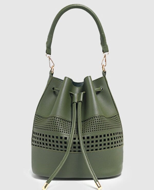 Boho Romantic Laser Cut Ruched Vegan Leather Bucket Bag 2 green laser cut bucket bag