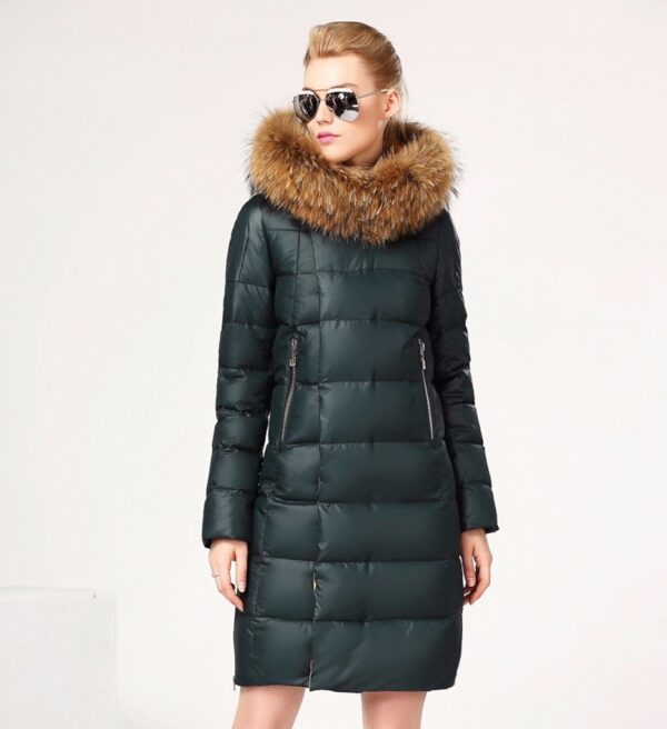 green raccoon furred long parka