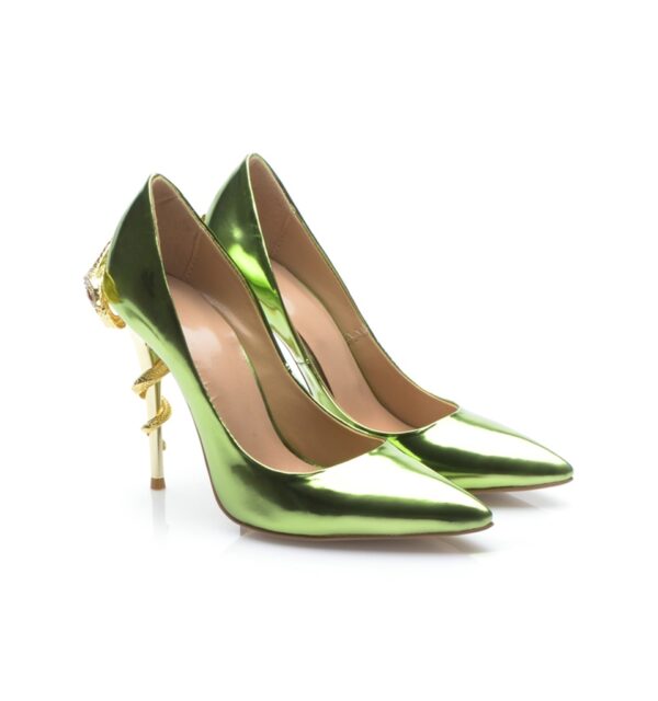 Exotic Snake Heel Detail Patent Stiletto Pumps 3 green snake heel detail patent stiletto