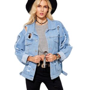 Street Style Distressed Ice Blue Boyfriend Denim Jacket
